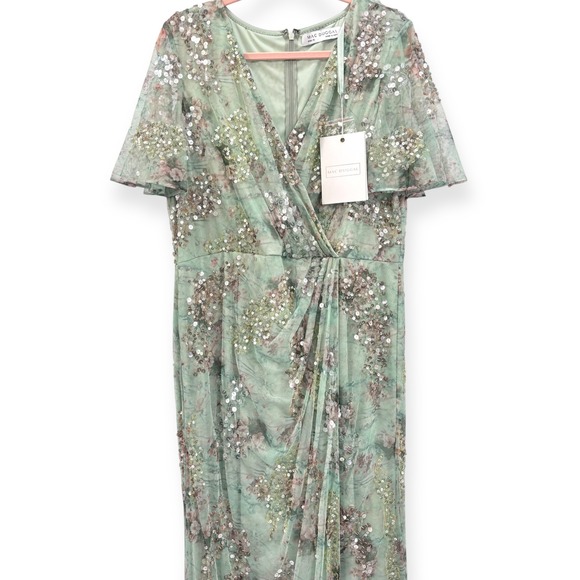 Mac Duggal NEW Seamist Green Embellished Butterfly Sleeve Faux Wrap Gown Size 16 - Picture 4 of 13